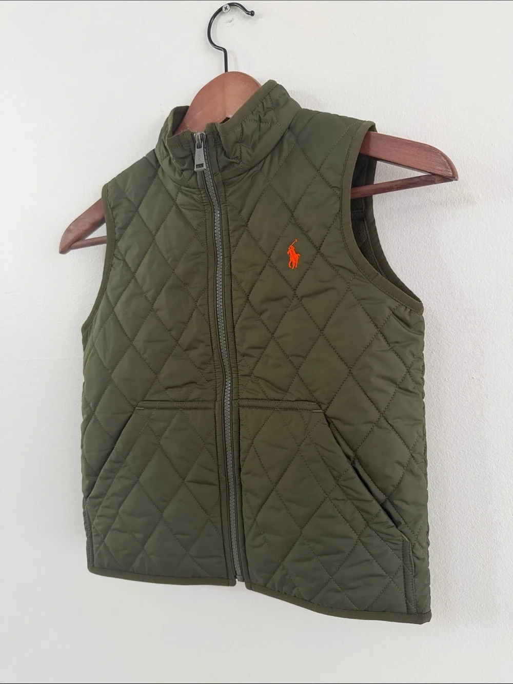 Ralph Lauren Kids Quilted Olive Vest with Orange Pony
